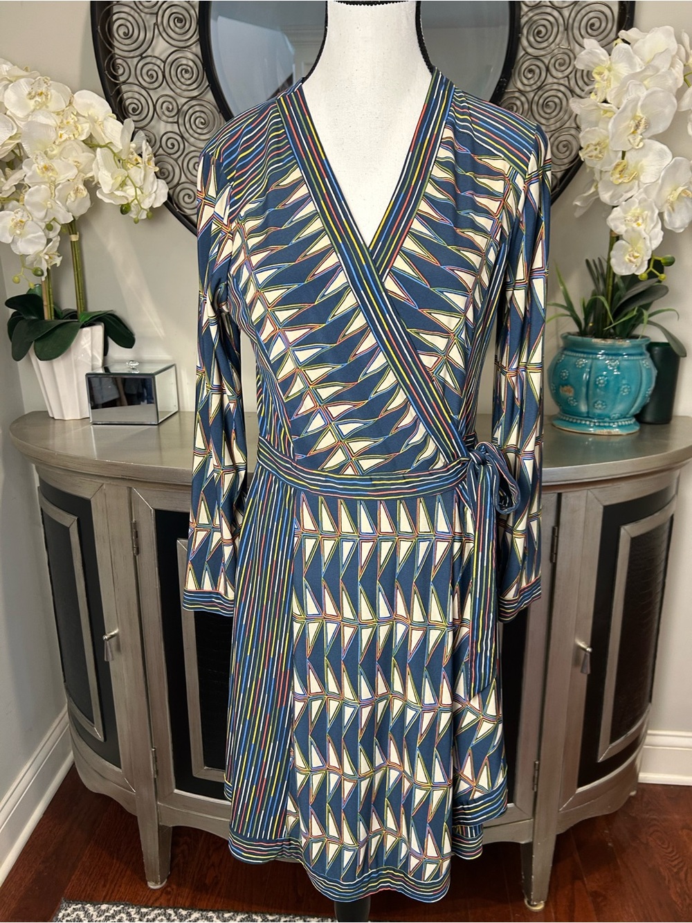 BCBGMaxAzria Multi-Color Striped  wrap Geometric Dress